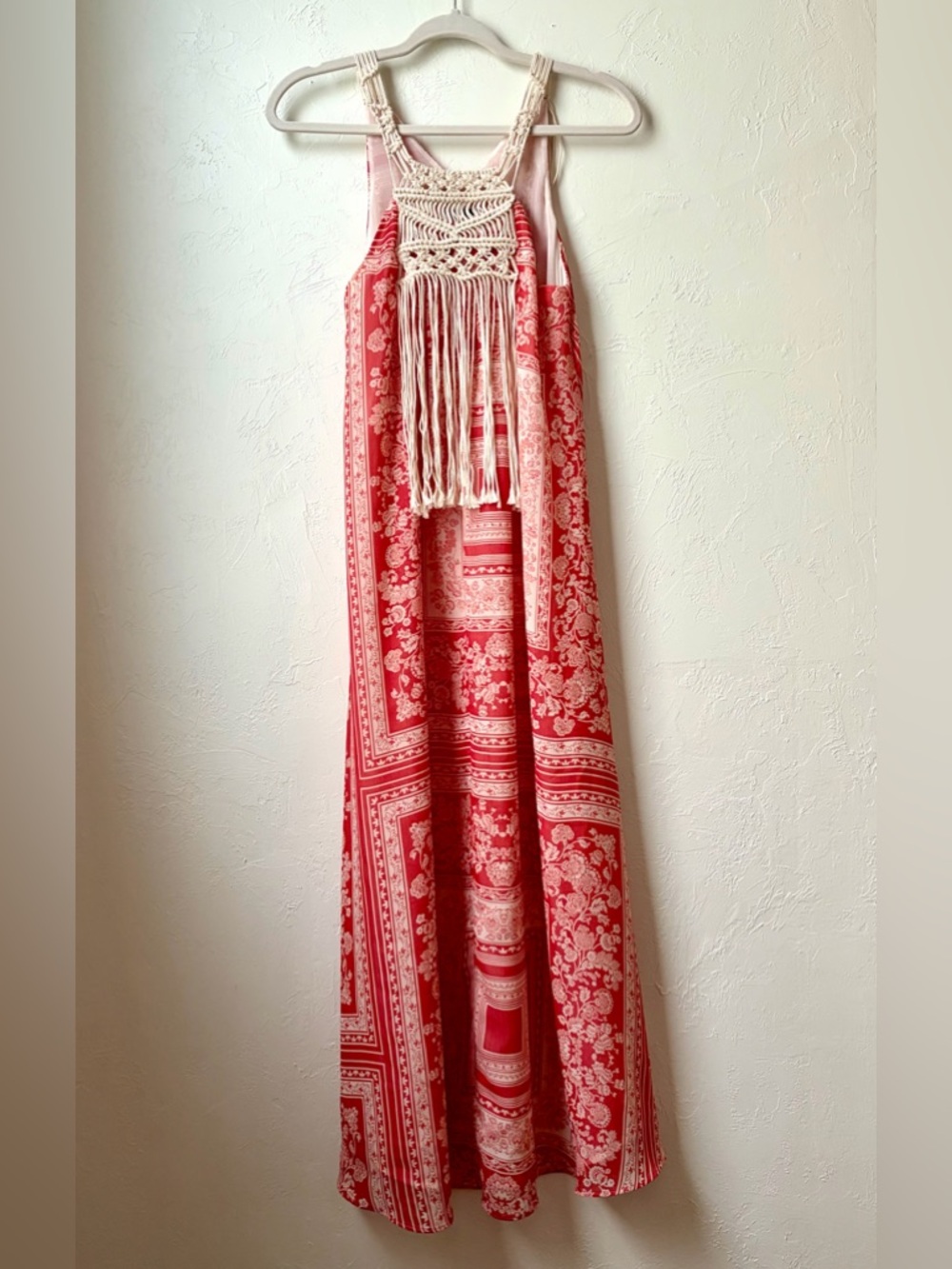 Zara Boho Coral Print Maxi Dress Macrame Fringe Sleeveless XS